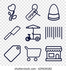 Shop icons set. set of 9 shop outline icons such as tag, bag, fast food cart, cargo tag, bar code, heart flower, butcher knife, shopping cart