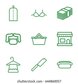 Shop icons set. set of 9 shop outline icons such as man hairstyle, hanger, clothes on hanger, bra, hot dog, butcher knife, money, store