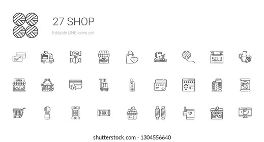 shop icons set. Collection of shop with candy, sweet, shaving brush, trolley, online shop, credit card, supermarket, delivery, e commerce, store. Editable and scalable icons.