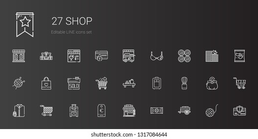 shop icons set. Collection of shop with cart, sweet, barbershop, tag, suitcase, shopping cart, suit and tie, shaving brush, trolley, tea, sold. Editable and scalable shop icons.