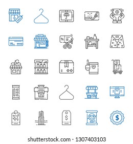 shop icons set. Collection of shop with label, cat food, tag, building, online shop, food stand, hanger, suitcase, candy, delivery, package. Editable and scalable icons.