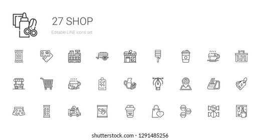 shop icons set. Collection of shop with macarons, supermarkets, coffee, products, ice cream truck, candy, pants, vector, wine, tag, carts, food stand. Editable and scalable shop icons.