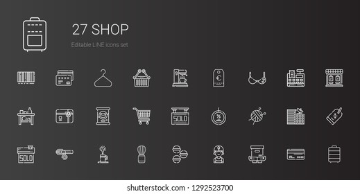 shop icons set. Collection of shop with package, clerk, macarons, shaving brush, coffee, collar, sold, wool ball, discount, carts, cat food. Editable and scalable shop icons.