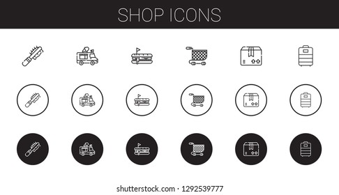 shop icons set. Collection of shop with pet brush, ice cream truck, hot dog, shopping cart, package, trolley. Editable and scalable shop icons.