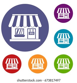 Shop icons set in flat circle reb, blue and green color for web