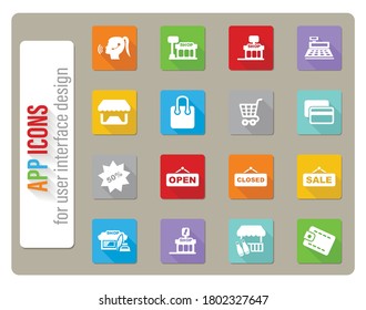 shop icons set in flat design with long shadow