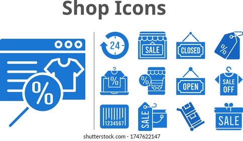 shop icons set. included gift, shopping bag, online shop, 24-hours, shop, shirt, price tag, closed, barcode, open, trolley icons. filled styles.
