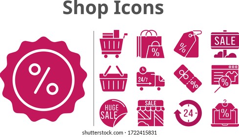 shop icons set. included online shop, shopping bag, 24-hours, sale, shop, price tag, shopping cart, discount, shopping-basket, delivery truck icons. filled styles.