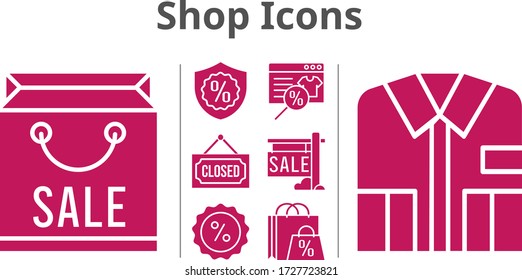 shop icons set. included shopping bag, online shop, sale, shirt, warranty, closed, discount icons. filled styles.