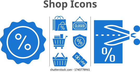 shop icons set. included shopping bag, voucher, shopping cart, discount, closed, warranty, shopping-basket icons. filled styles.