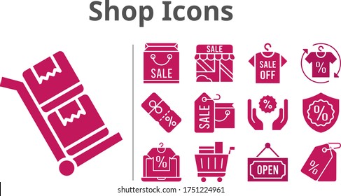 shop icons set. included shopping bag, online shop, shop, shirt, price tag, shopping cart, discount, warranty, open, trolley icons. filled styles.