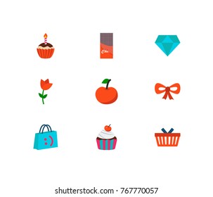 Shop icons set with muffin, cherry and bow elements. Set of shop icons also including trade basket sign for your web app logo UI design.