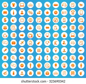 Shop icons set, orange image in white circle on blue background