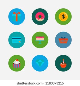 Shop icons set. Shopping basket and shop icons with diamond, muffin and present. Set of sale for web app logo UI design.