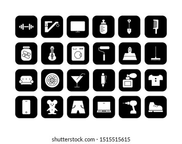 Shop icons. Set of silhouette icons for a shop of different goods. Black and white vector isolated illustration.