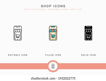Shop icons set vector illustration with solid icon line style. Online store retail concept. Editable stroke icon on isolated background for web design, user interface, and mobile app