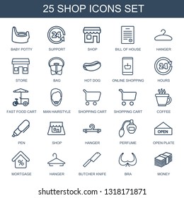 shop icons. Trendy 25 shop icons. Contain icons such as baby potty, support, bill of house, hanger, store, bag, hot dog, online shopping, hours. shop icon for web and mobile.