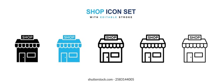 Shop icons vector collection in black and blue colors on white background