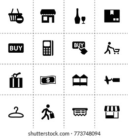 Shop icons. vector collection filled shop icons. includes symbols such as package, buy button, store, plane, dollar money, pos terminal. use for web, mobile and ui design.