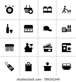 Shop icons. vector collection filled shop icons. includes symbols such as wine, coffee machine, wheel balance, package, sale tag, bank card. use for web, mobile and ui design.
