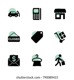 Shop icons. vector collection filled shop icons set.. includes symbols such as car repair, hanger, money transfer, closed, store, price tag. use for web, mobile and ui design.