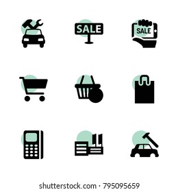Shop icons. vector collection filled shop icons set.. includes symbols such as car body repair, car repair, sale, shopping bag, supermarket. use for web, mobile and ui design.