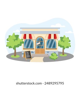 Shop illustration. Building, window, door, roof, tree. Editable vector graphic design.