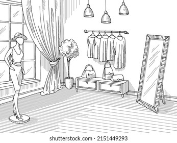 Shop interior graphic black white boutique store sketch illustration vector 