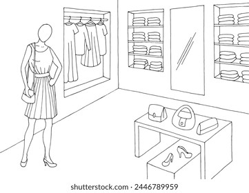 Shop interior graphic black white sketch illustration vector 