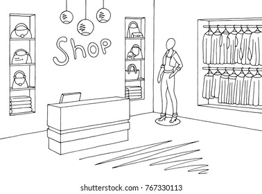 Shop interior graphic black white sketch illustration vector