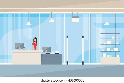 Shop Interior Sales Woman Stand Near Cash Desk. Vector Illustration