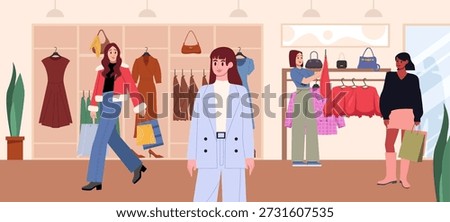 Shop interior scene with people walking. Consumers, buyers in modern fashion store. Shoppers indoors. Flat vector illustration.