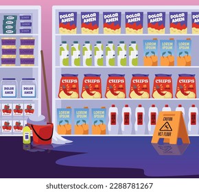 Shop Interior mit nassem Boden flach Stil, Vektorgrafik. Orangefarbenes Vorsichtszeichen, Wasser, Mop, roter Eimer und Waschmittel. Schutz mit Gütern, Lebensmitteln