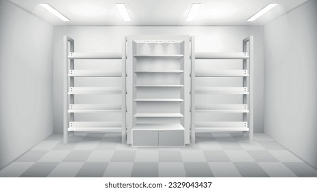 Shop interior in white color with three empty racks and ceiling lights realistic vector illustration