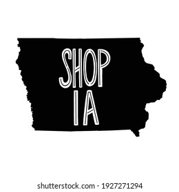 Shop Iowa black and white hand drawn vector icon, black filled in state with shop Iowa in original hand lettering, lined interior, state icons for shopping local on small business saturday