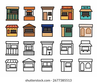 Shop kiosk and container store icon set illustration in black outline and colored styles representing small business, marketplace, retail store, street shop