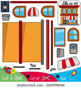 A shop with large windows and air conditioning on the roof. Education paper game for preshool children. Vector illustration.