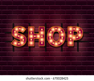 Shop light banner template with lightbulb glowing. Entrance signboard background. Vintage style. Vector illustration