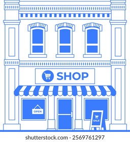 Shop line art illustration. Building facade icon with entrance on white background. One color blue outline graphic. Store infographic concept. Old vintage architecture of downtown. Editable stroke.