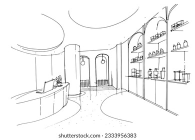 shop line sketch,a line drawing Using interior architecture, assembling graphics, working in architecture, and interior design, among other things.,house interior or interior design