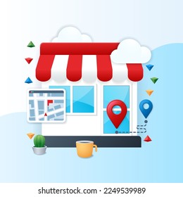 Shop local banner. Local shop building and map icon. Business concept. Web vector illustrations in 3D style