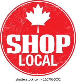 Shop local Canada, Canadian grunge stamp, badge, logo, flat illustration, round red, maple leaf