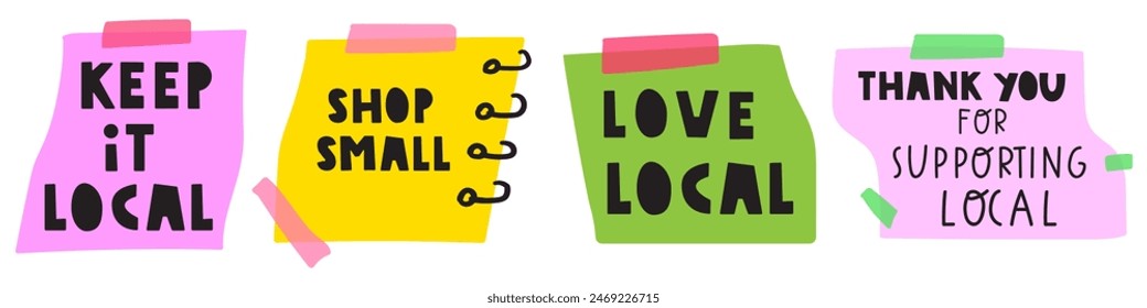 Shop local concept. Set of paper notes with sticky tapes. Support local business. Vector flat illustrations on white background.