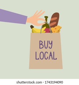 Shop local concept. Support small business. Paper bag with groceries. Vector illustrations on bright background.