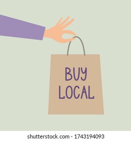 Shop local concept. Support small business. Paper bag in hands. Vector illustrations on bright background.
