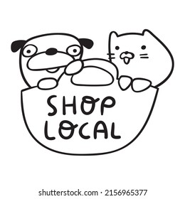 Shop local. Dog and cat. Vector outline illustration on white background.