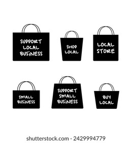 Shop local hand lettering on black shopping bag vector icon set isolated. Support small business, buy local, support local store concept.