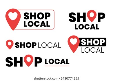 shop local icon with pointer position and heart illustration. Set of icons.