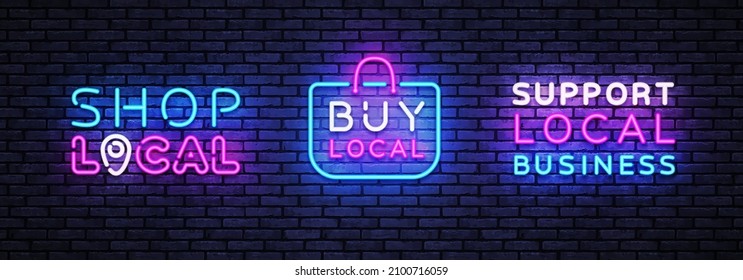 Shop local Neon Signs Collection. Shop local, great design for any purposes. Isolated vector illustration.