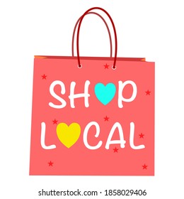 Shop Local orange shopping bag sign with hearts.